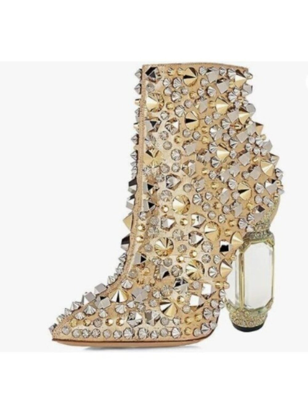FSJ Women Chic Pointed Toe Crystal Chunky Block High Heel Ankle Boots Gold